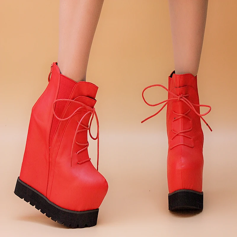 Женские ботинки на очень высоком каблуке сапоги танкетке с толстой подошвой