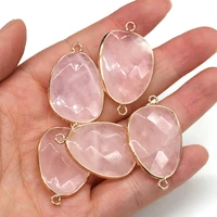 1pcs natural stone crystal water drop shape faceted rose quartzs double hole connector for necklace jewelry making size 22x38mm