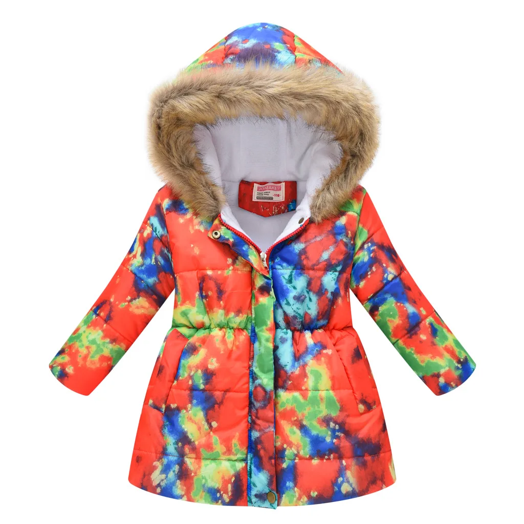

Autumn and winter new children's printed cotton coat children's printed large fur collar mid-length warm and thick cotton coat