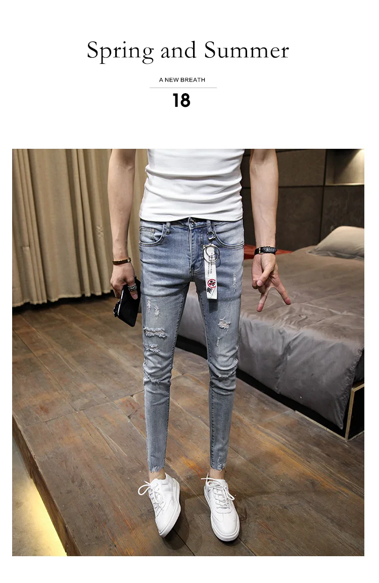 NEW spring autumn skinny strech Casual ripped hole fashion black teenagers hip hop cowboy denim leg jeans men pencil pants