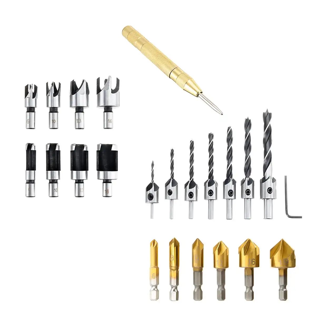

23Pcs Woodworking Chamfering Countersunk Drill Bit Set Wood Plug Cutter Drill Bit Automatic Center Punch 5 Flute ChamferingDrill