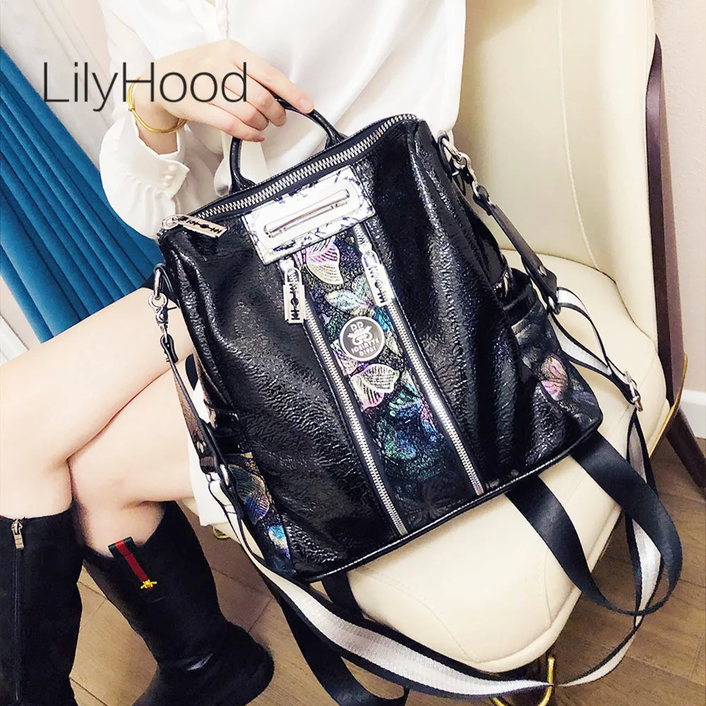 

Women Vegan Leather Patchwork Big Capacity Backpack Female Artificial Leather Stylish Butterfly Pattern Designer Travel Daypack