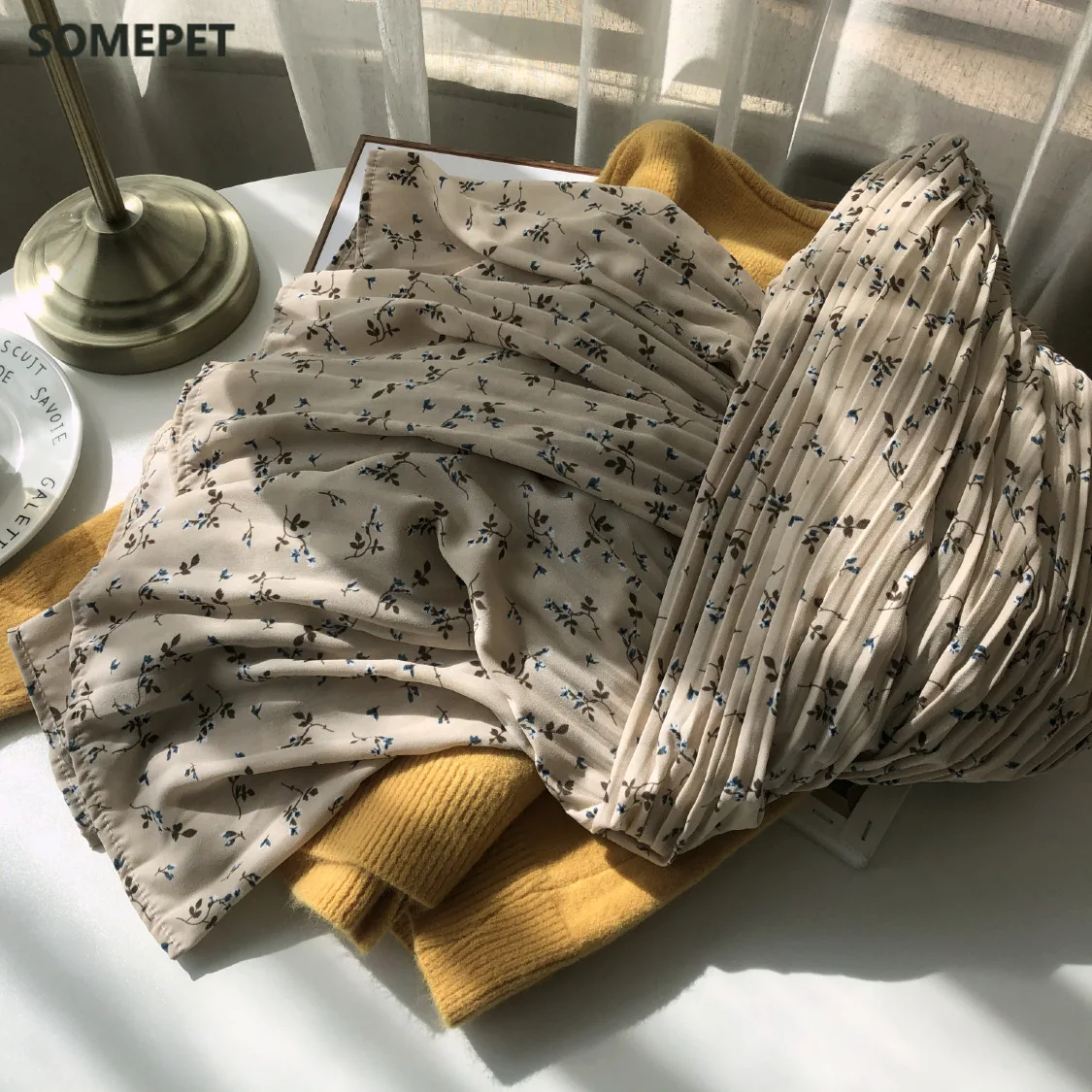 

Vintage Floral Print A-line Pleated Long Skirts winter Women Korean Skirt Streetwear Drawstring Elastic Waist Midi Skirt lined