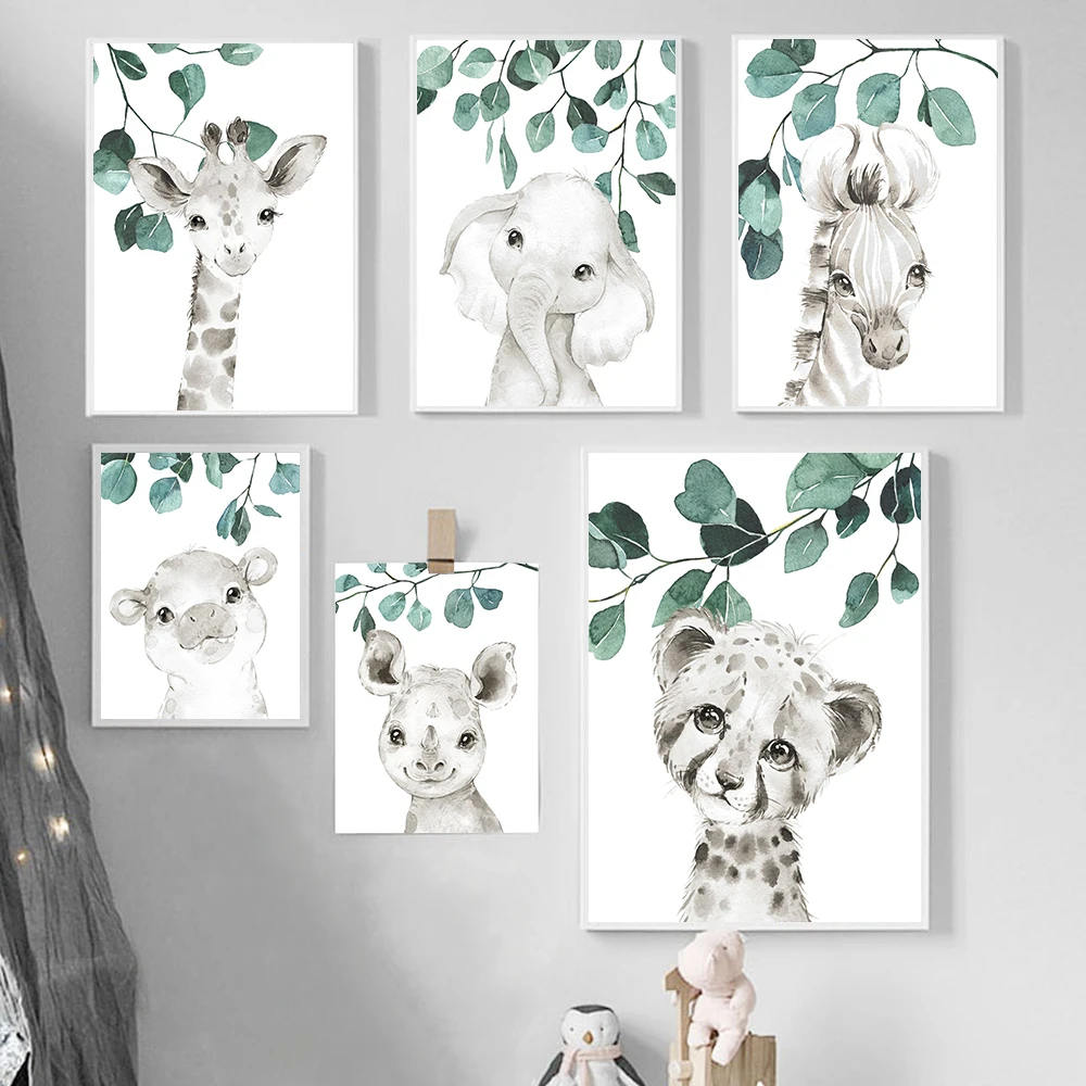 

Safari Baby Animals Canvas Poster Nursery Zebra Giraffe Wall Art Print Eucalyptus Animal Painting Nordic Kid Bedroom Pictures