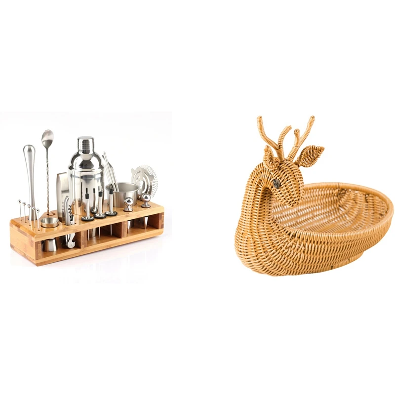 

23Pcs Stainless Steel Cocktail Shaker Set Barware Kit With Household Handmade Storage Basket,Fruits Storages Organizer