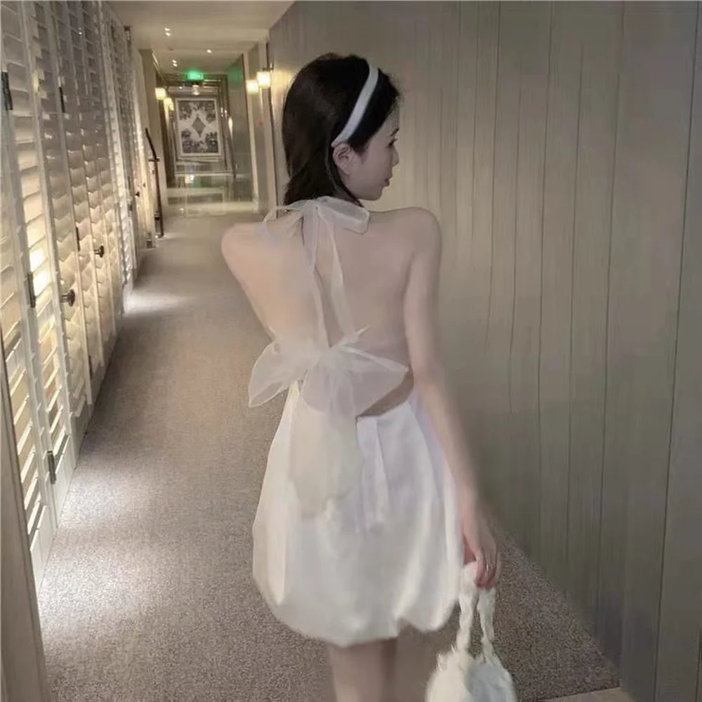 

Sleeveless Elegant Fairy Dresses Women Bow Design White Sweet Backless Dresses Femaels One Piece Dress Korean 2021 Summmer