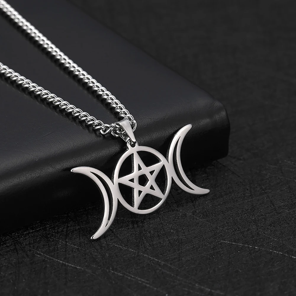 

Triple Moon Goddess Pendant For Women Men Wicca Pentagram Magic Supernatural Amulet Necklaces Stainless Steel Jewelry