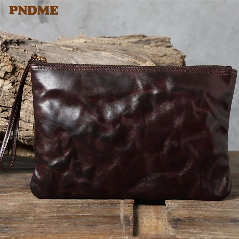 PNDME vintage genuine leather multifunctional clutch bag fashion simple light natural real cowhide small shoulder messenger bag