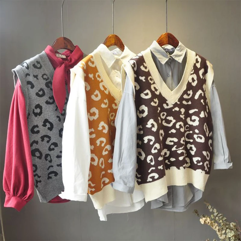 Женский трикотажный жилет с v образным вырезом и леопардовым принтом свободный