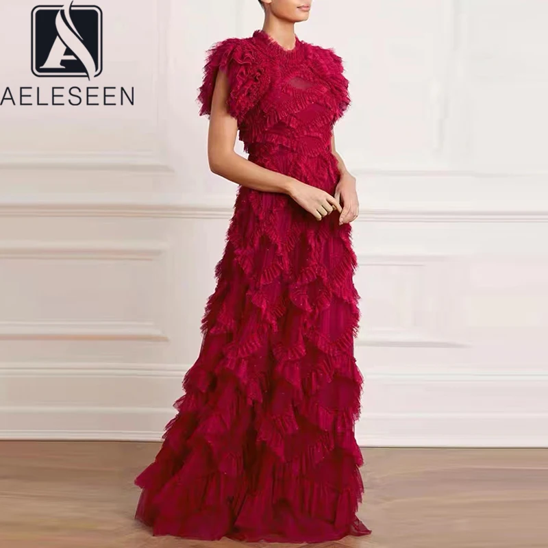 AELESEEN Designer Maxi Women Dress Elegant Butterfly Sleeve Fashion Mesh Floral Printed 3D Appliques Ruffles Long Party Dress