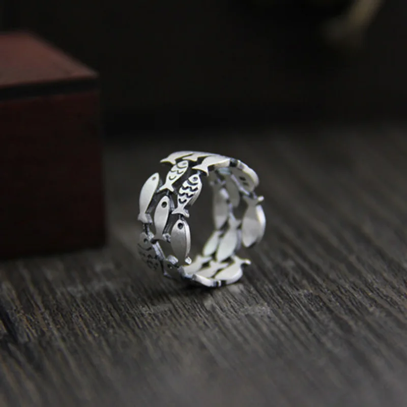 Три ряда полые плавающие рыбки кольцо животное гарантированное 925 пробы