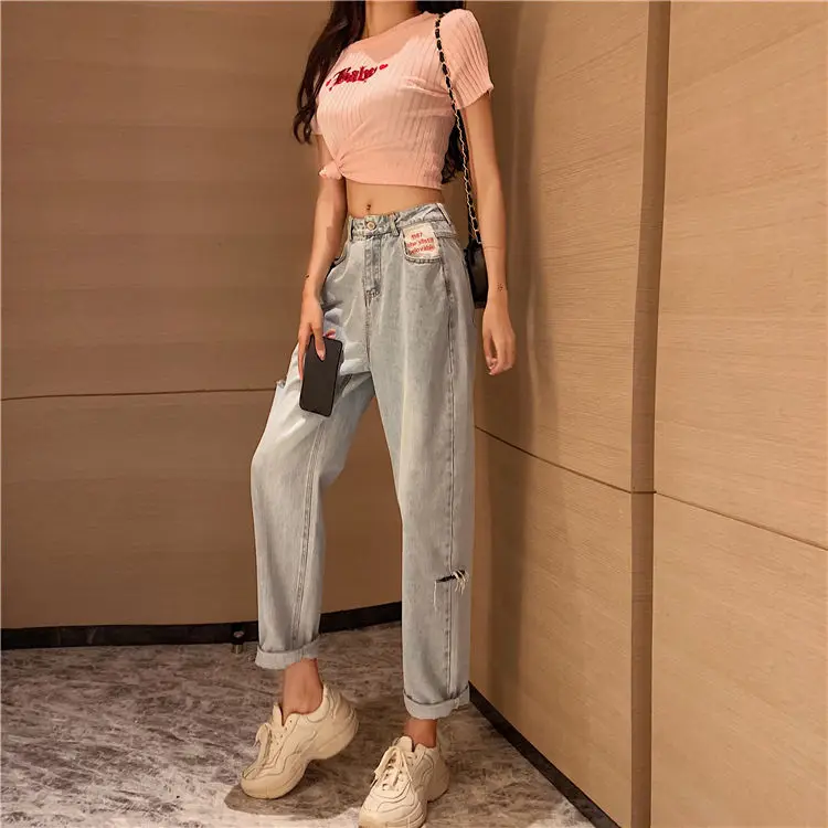 

Hong Kong style retro high waisted jeans with holes for women's summer new loose, slim and versatile