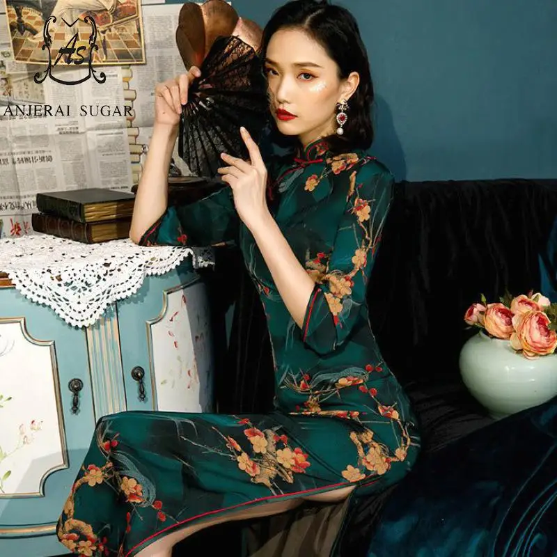 

Plus Size 5XL Chinese Style Women Cheongsam Autumn Qipao Lady Print Flower Split Design Long Sleeve Retro Long Dress