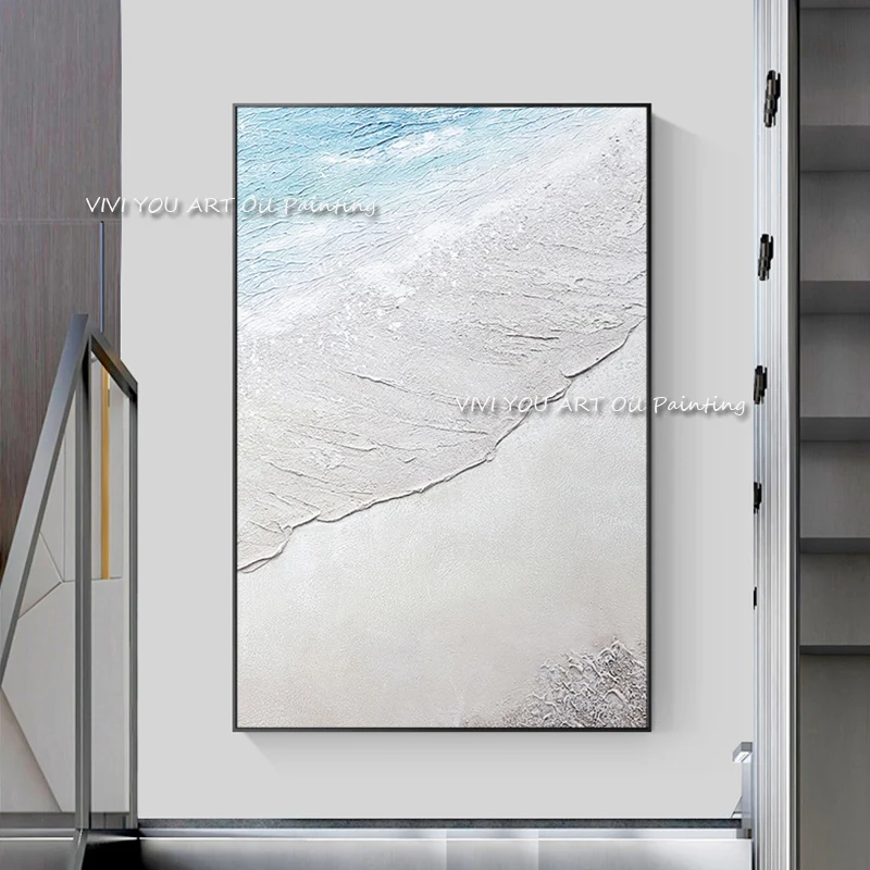

Новая белая и Синяя абстрактная картина ручной работы с изображением пляжа, Современная Толстая масляная живопись, художественный дизайн на холсте, природа, морская волна