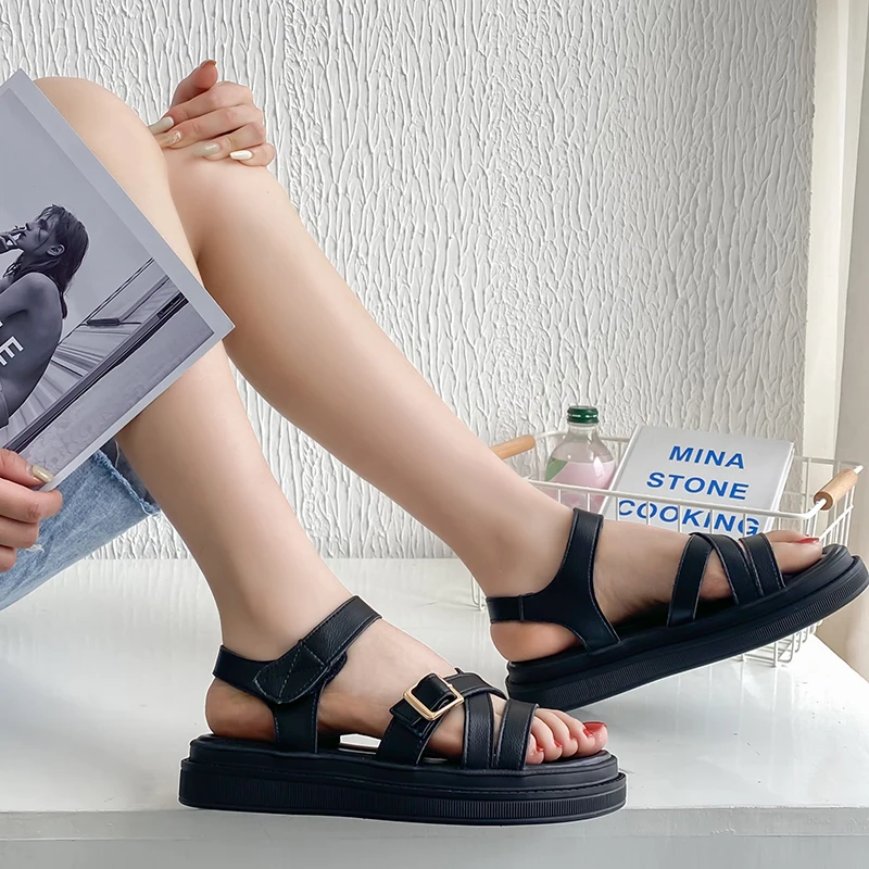 

2021 Sandals Female Shoe Clear Heels All-Match New Girls Beige Fashion Comfort Gladiator Summer Flat PU Back Strap Casual Rubber