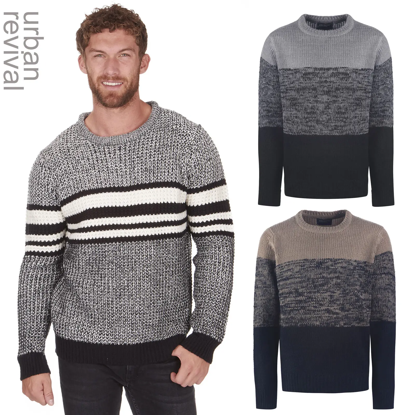 Mens Tri-Marl Sweater Jumper Crew Neck Knitwear Winter Warm Thick URBAN REVIVAL