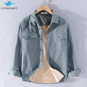 Зимняя Осенняя флисовая плотная Теплая мужская одежда с длинными рукавами и двойными карманами, однотонные рубашки с отворотом в японском стиле Harajuku, повседневный Топ