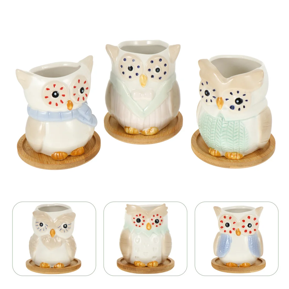 

3 Sets Creative Owl Shape Plant Pot and Tray Ceramics Desktop Succulents Planter