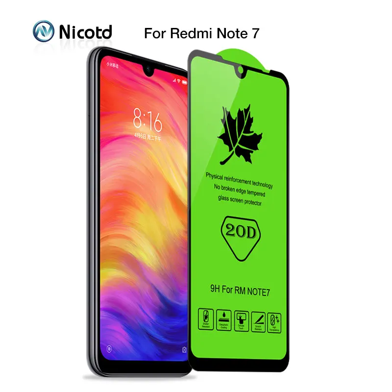 Закаленное стекло 20D с полным покрытием для Redmi Note 7 Pro Защита экрана защитное на