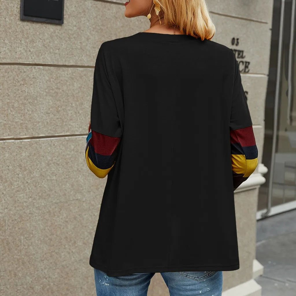 

Fashion Striped Stitched Blouse Shirt Loose O-Neck Tops Tee 2020 Casual Autumn Ladies Female Women Long Sleeve Blusas Pullover