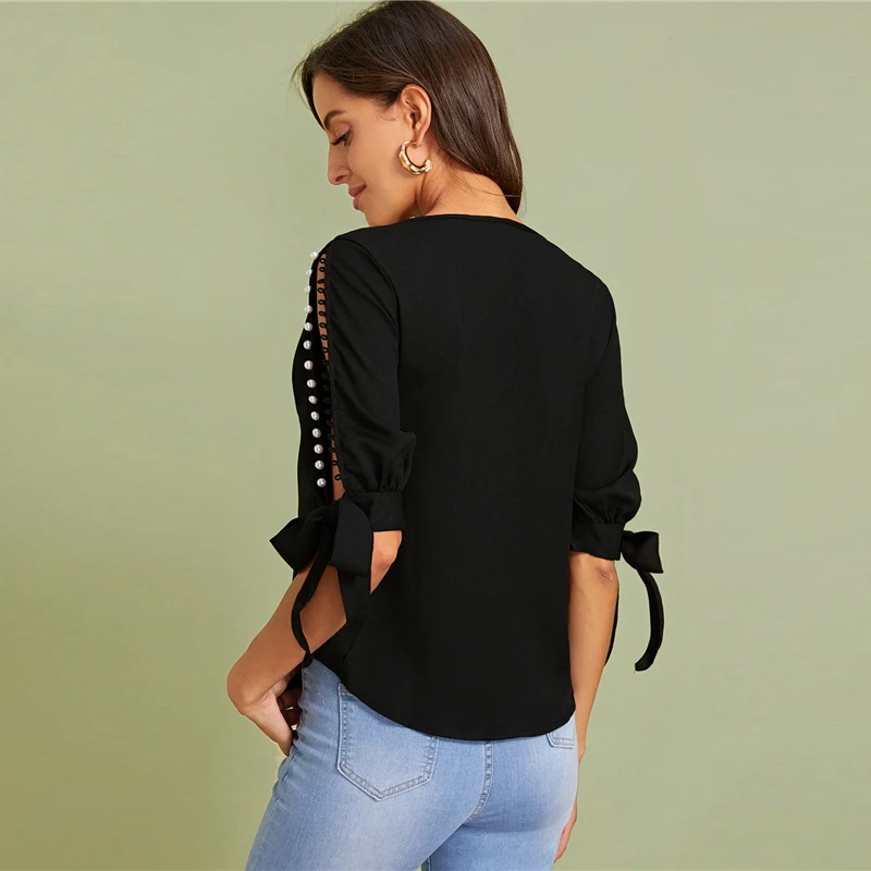 SHEIN цельный жемчуг бисер сбоку браслет с узелком Элегантная блузка женские топы осень Половина рукава базовые блузки для молодых девушек