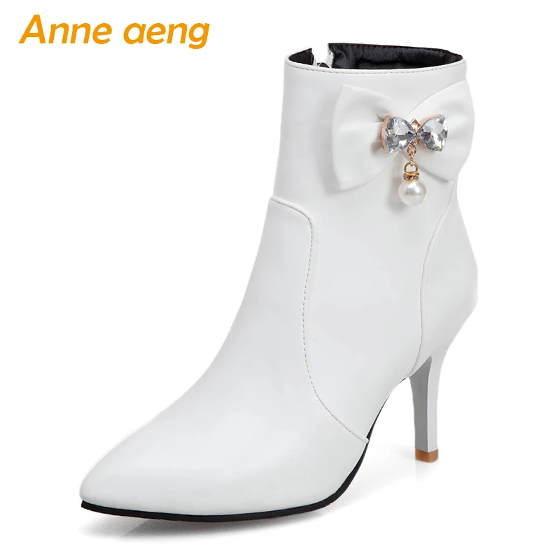 

2019 New Winter Women Ankle Boots High Thin Heel Pointed Toe Zip Crystal Sexy Women Shoes White Warm Short Boots Big Size 33-48