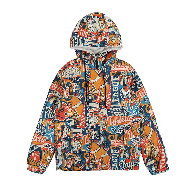 

Hip Hop Jacket Men Style Graffiti Japanese Handsome Plus Velvet Thicken Harajuku Streetwear Loose Coat Casacas Para Hombre M-2XL