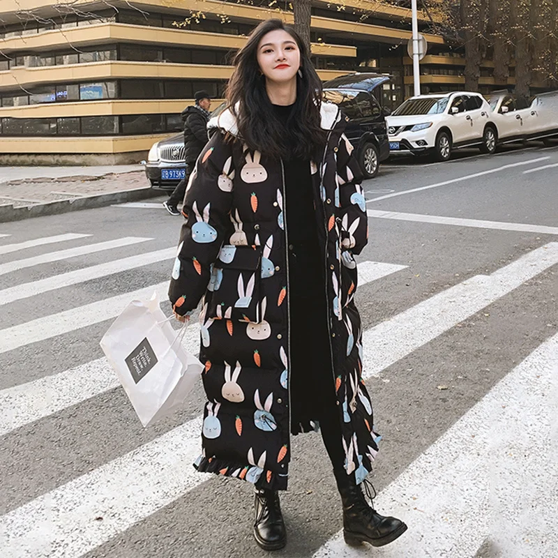 

Women's Winter Coat White Duck Down Material Hooded Cute Rabbit Ears Thickened Quality Long Loose Fashion Casual Jacket Female