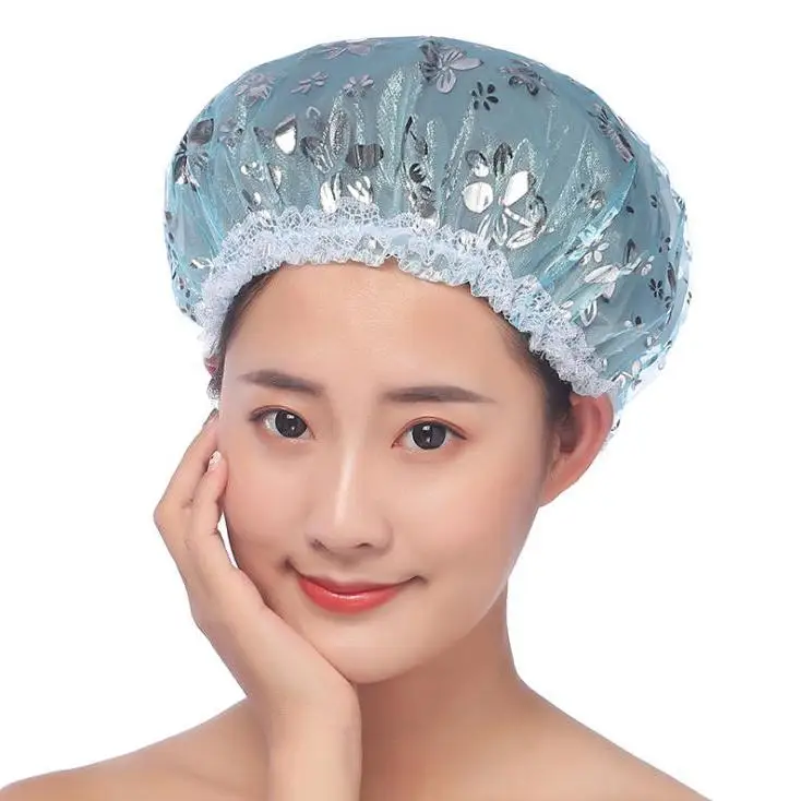 

Double Layer Hot Stamping Shower Cap Waterproof Elastic Band Bath Cap Resuable Hair Caps Hat Adult Makeup Shower Caps Wholesale