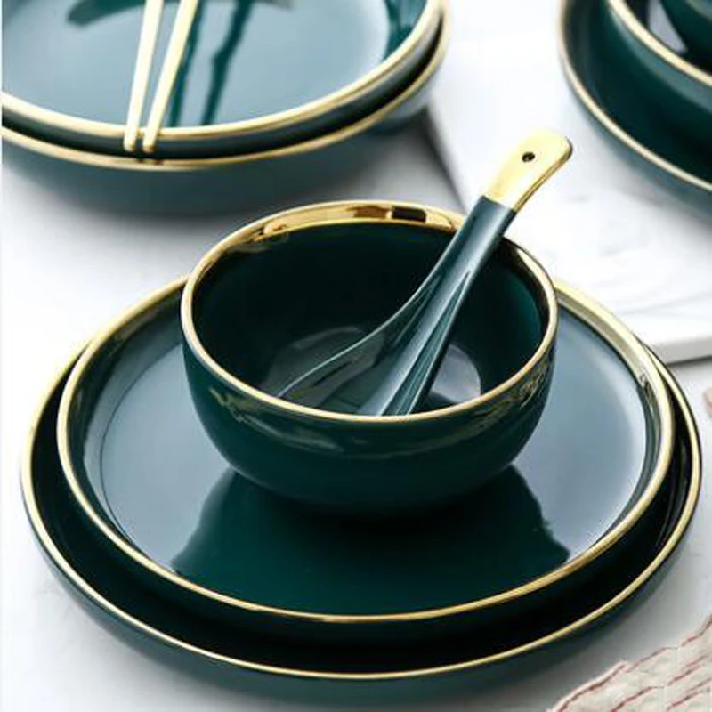 Посуда зеленый керамический столовый сервиз Золотая инкрустация фарфоровая