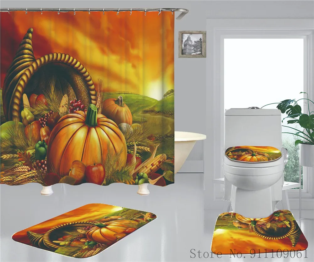 

Pumpkin Series Printed Waterproof and Mildew Proof Shower Curtain Bathroom Partition Curtains Non-slip Bath Toilet