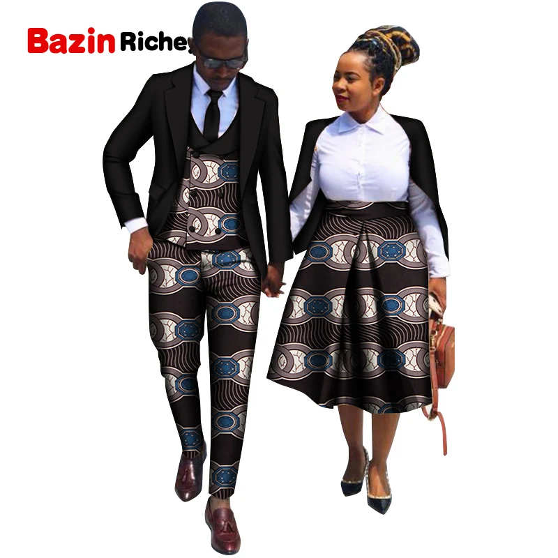 

Sets Couples Matching African Clothes Men Vest +Tie +Coat +Pant and Women Coat +Skirt Office Male and Female Worker Dress WYQ672