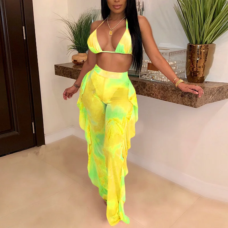 

2021 Sexy Leopard Print Mesh Beach Two Piece Set with Panties Women Bra Halter Crop Top Ruffles Wide Leg Pants Set Clubwear