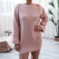 women simple loose solid color knitted dress autumn winter knitted dress slash neck for office