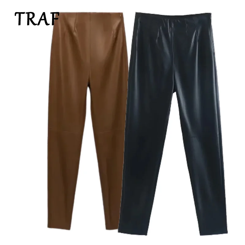 

TRAF ZA&ree Women Pants Spring Women's Fashion Faux Leather High Waist Leggings Trousers Vintage Elegant Female Casual Trousers