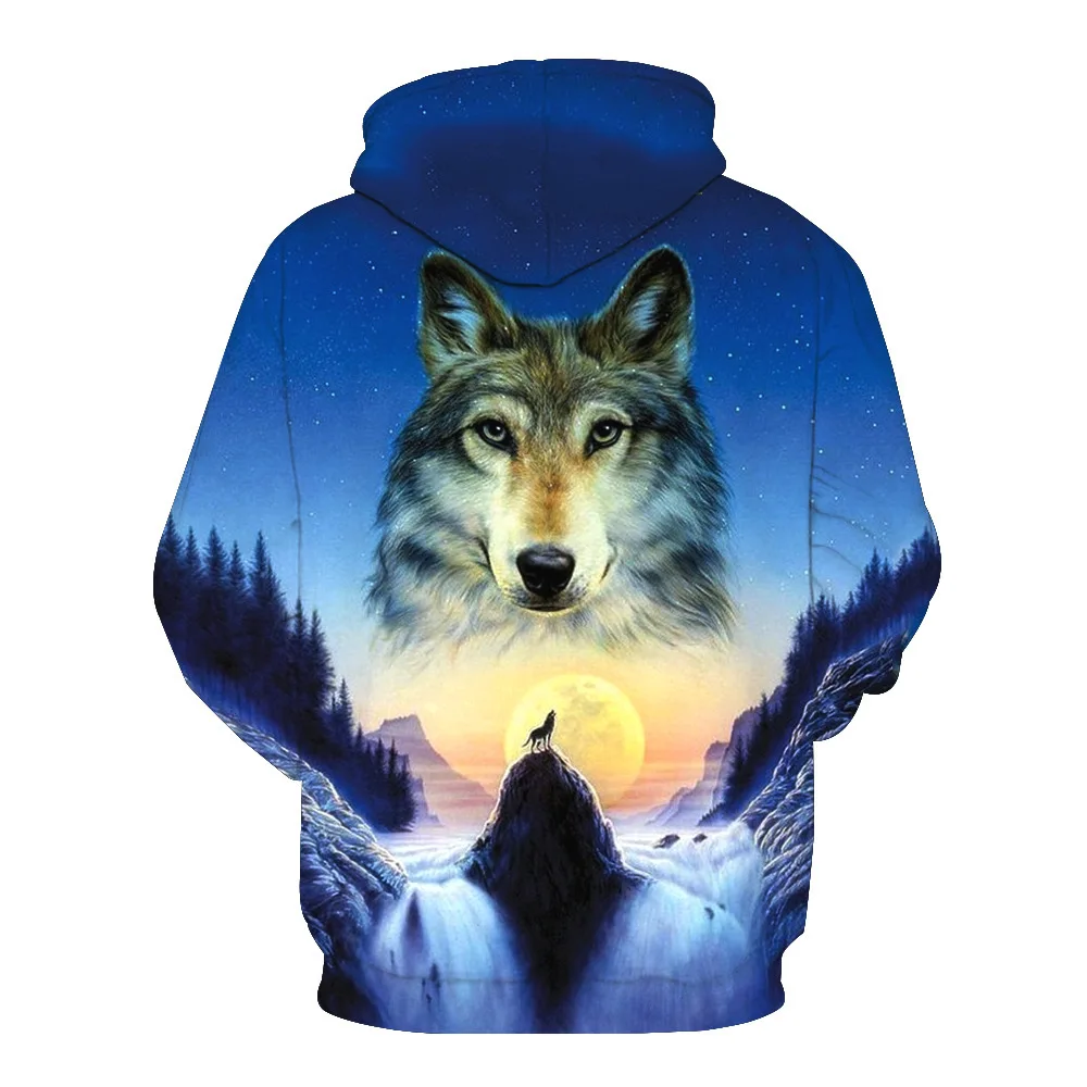 

CNUUIKOOEK Sweatshirts Men's 3D Sunrise of Wolf Head Printed Hooded Pocket Pullover Hoody Fashion Hooded Men's Hoodies