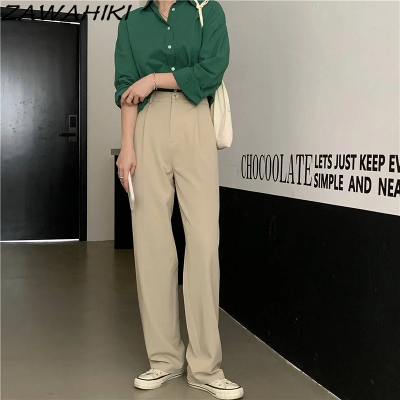 

ZAWAHIKI Korean Casual All-match Pants Women Autumn 2021 High Waist Loose Vintage Wide Leg Pantalon Femme Solid Long Trousers