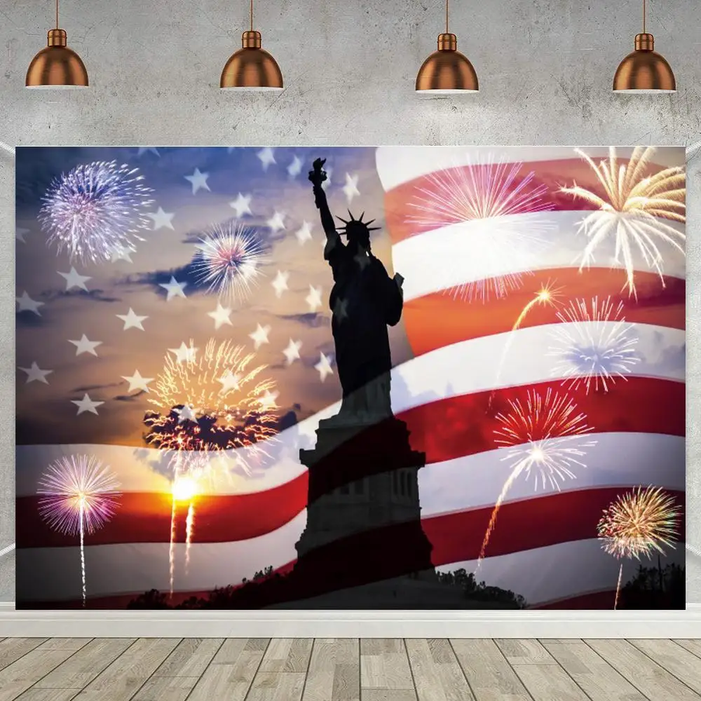 

Statue Of Liberty American Flag Photo Background Fireworks Celebration Cheers Party Backdrop Home Decor Vinyl Poster Cover