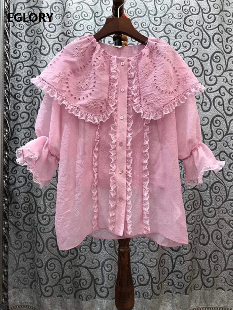 

Top Quality Designer Blouses Shirt Women Big Turn-down Collar Ruffle Lace Patchwork Flare Sleeve Casual Pink Beige Cotton Shirts