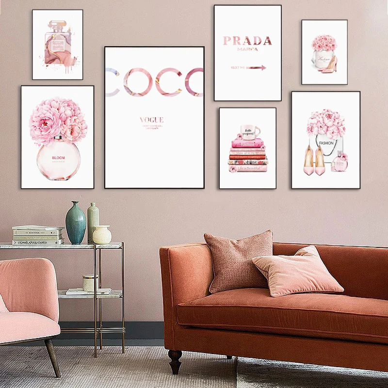 Розовый цветок флакон духов Coco Wall Art плакат мода Картина на холсте женщина