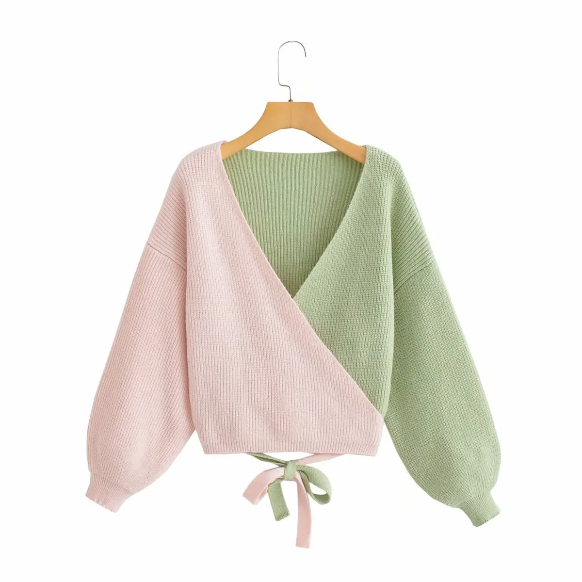 

Womens Green Sweater Autumn Stitching Cross Strap Long-sleeved Knitted Pullover Winter Women Clothes V-neck Fashion Female Tops