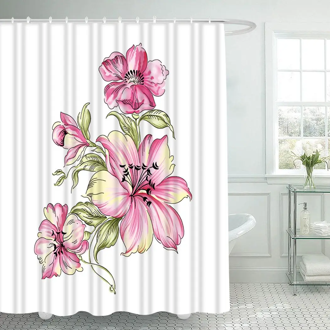 

Floral Shower Curtain With Hooks For Bathroom Beautiful Flower Waterproof Polyester Bath Shower Curtain Set Home Bathroom Decor