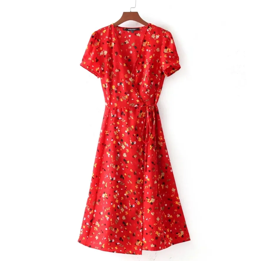 

2021 Summer Printed Polka Dot Dress Women's Printed Floral Puff Sleeve Primary Wrap V-neck Dress