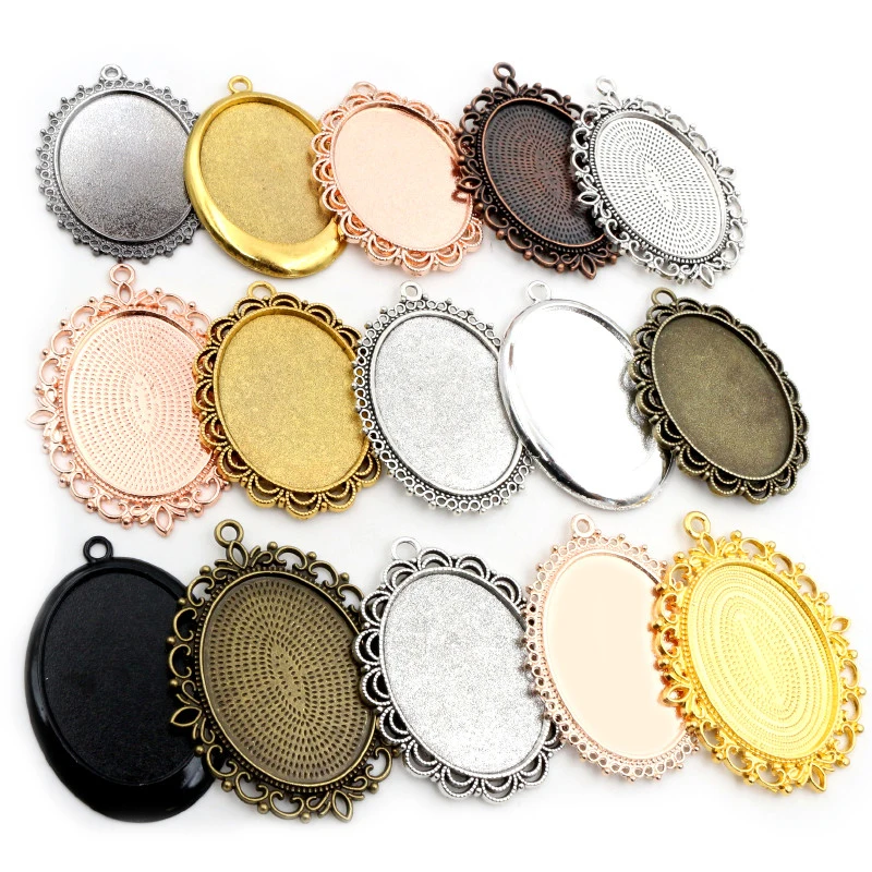 New Fashion 5pcs 30x40mm Inner Size 7 Colors Pierce Lace Flower Style Cabochon Tray Base Setting Charms Pendant