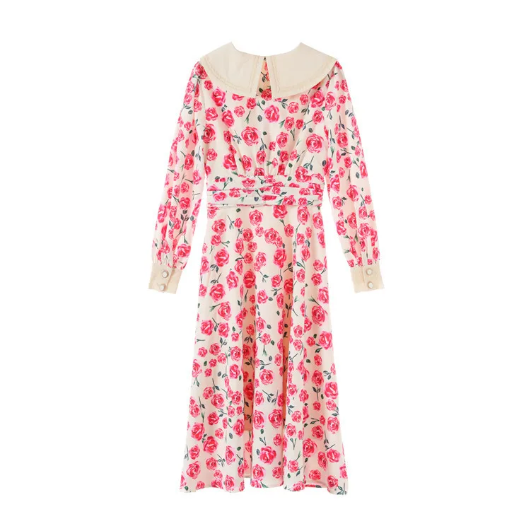 

2020 Spring New Style Pink Lapel Dress Long Sleeve Floral dress Mid-length dress G1235