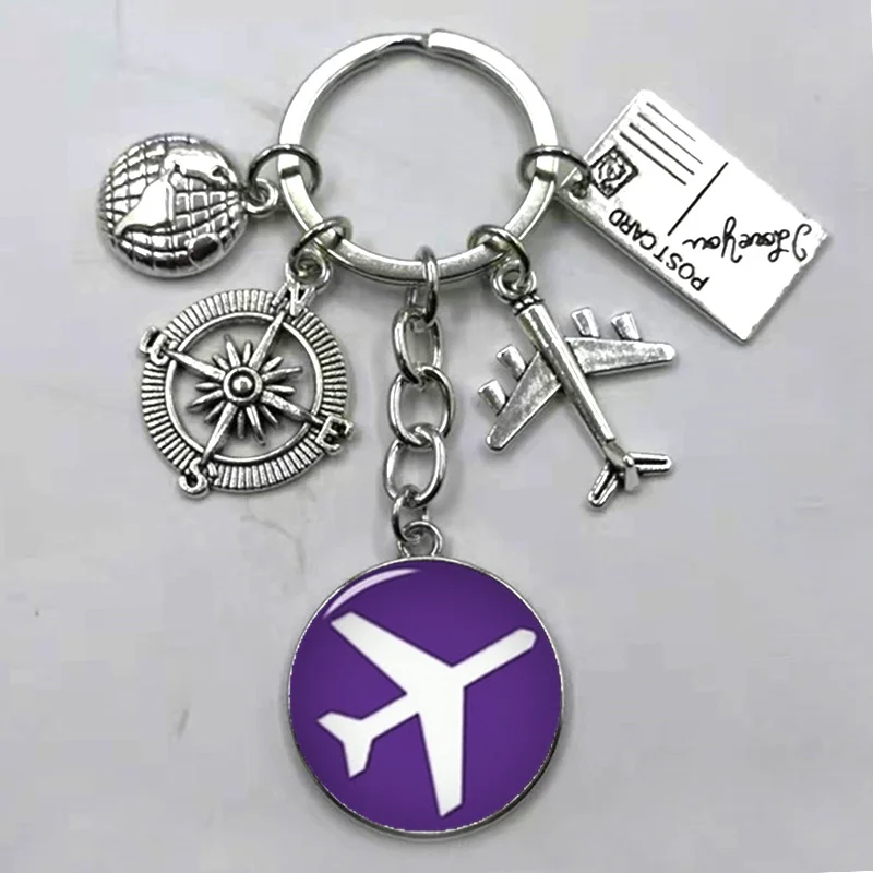 Silver Мир самолет карта брелок для путешествий открытие открыть для себя стеклянный купол Cabachon самолет карта брелок с подвесками для ключей подарок - Цвет: Silver