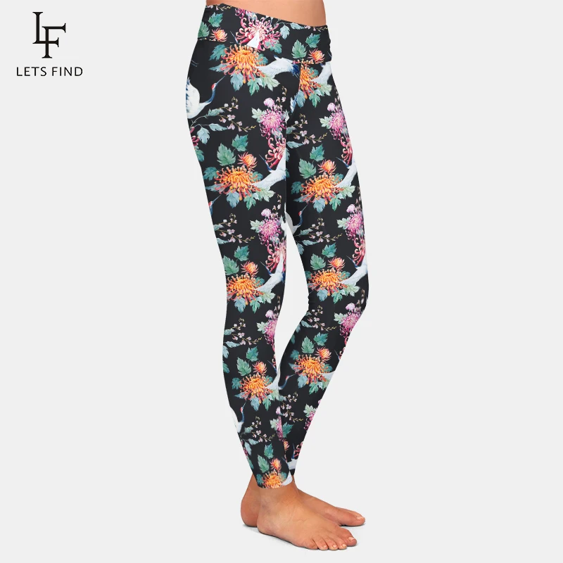 LETSFIND Beautiful Cranes and Flowers Pattern Print Elastic Pants Fashion High Waist Women Fitness Stretch Leggings