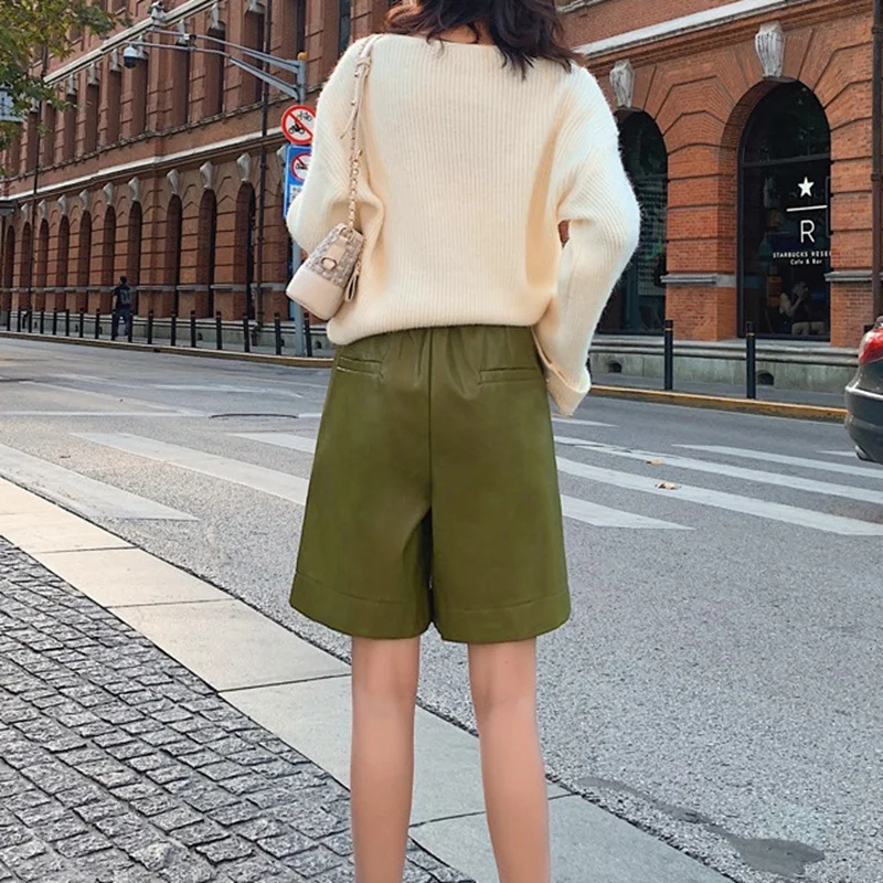 

Fashion PU Leather Shorts Women's Autumn Elastic Waist Loose Five Points Leather Trouser Shorts