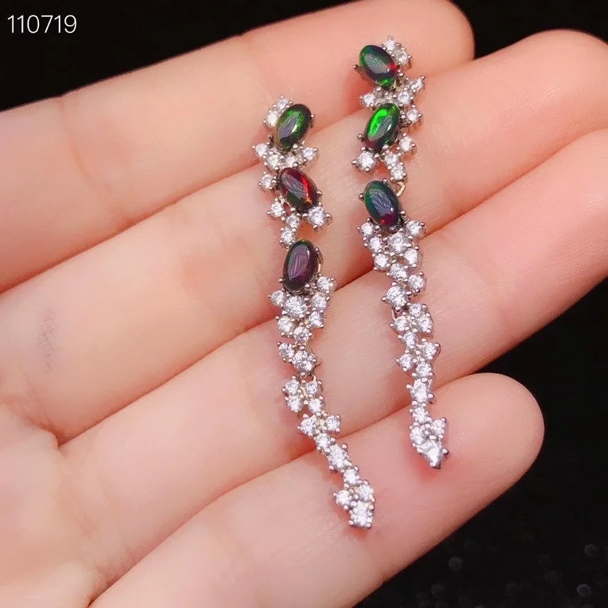 Черный Опал длинные серьги натуральные Эфиопский 925 стерлингового серебра