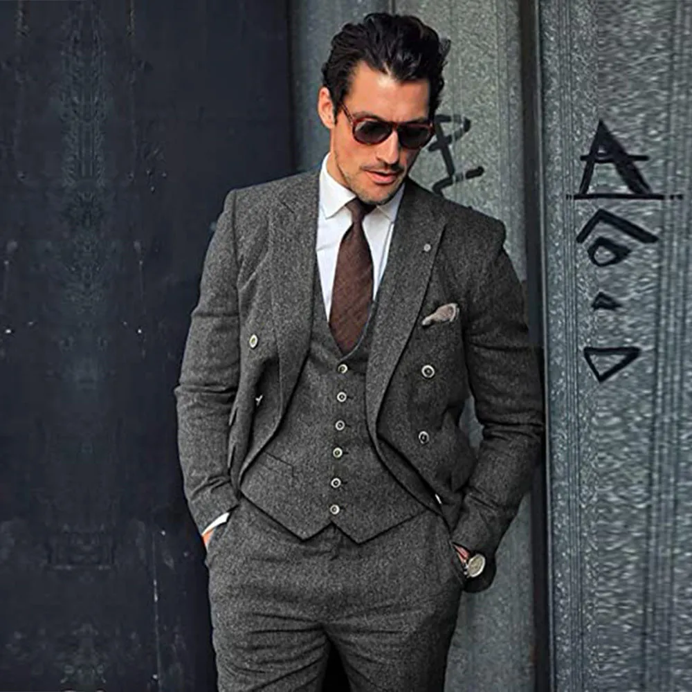 

Winter Tweed Wool Men's Suits For Wedding Smoking Business Blazer GroomWear Tuxedos 3 Pieces Set Slim Fit Costume Homme Mariage